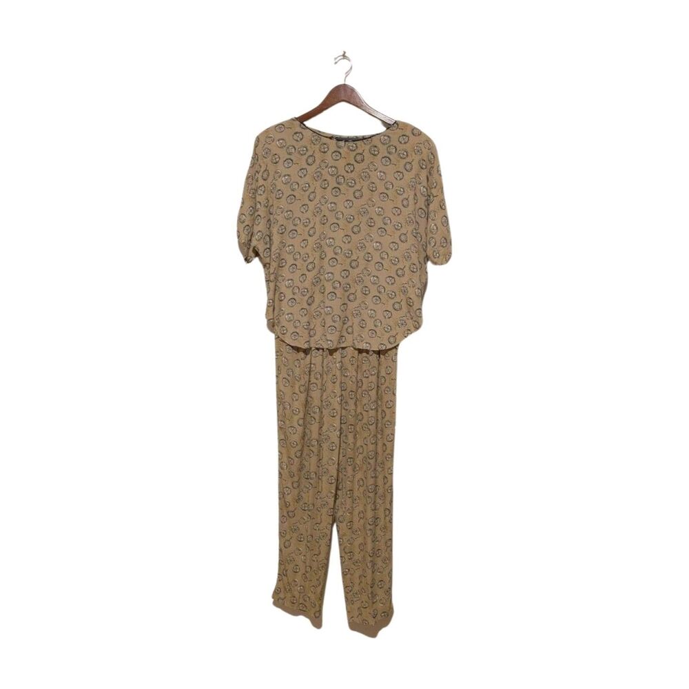 Vintage Dorothy Schoelen Platinum Tan L Geometric Blouse & Pants Set
